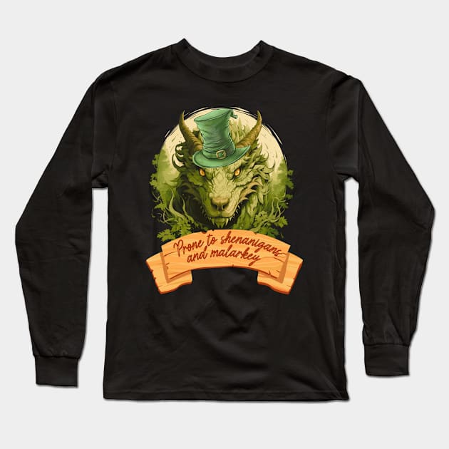 prone to shenanigans and malarkey, green dragon Long Sleeve T-Shirt by FehuMarcinArt